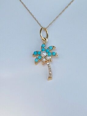 Effy Gold Necklace with Turquoise Bead Flower and Pearl Center and Diamonds 14K